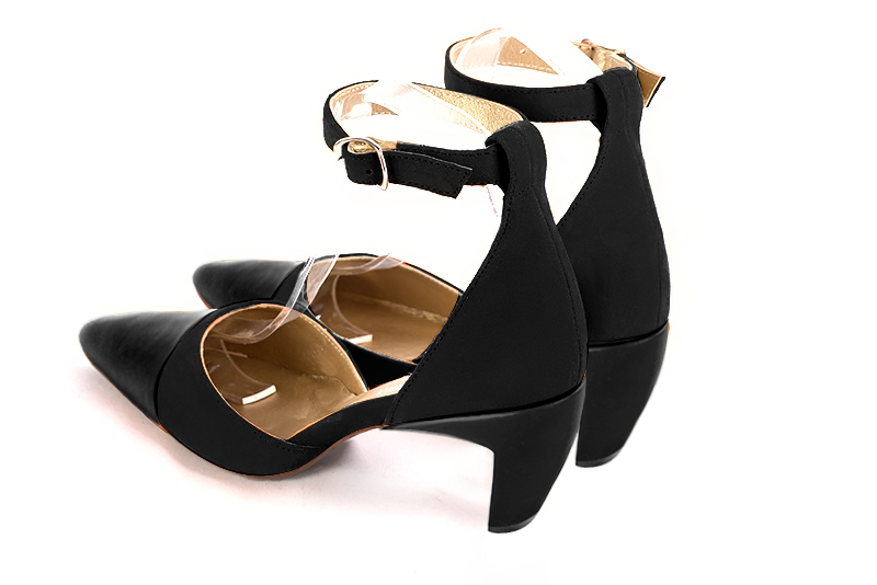 Satin black women's open side shoes, with a strap around the ankle. Tapered toe. Medium comma heels. Rear view - Florence KOOIJMAN